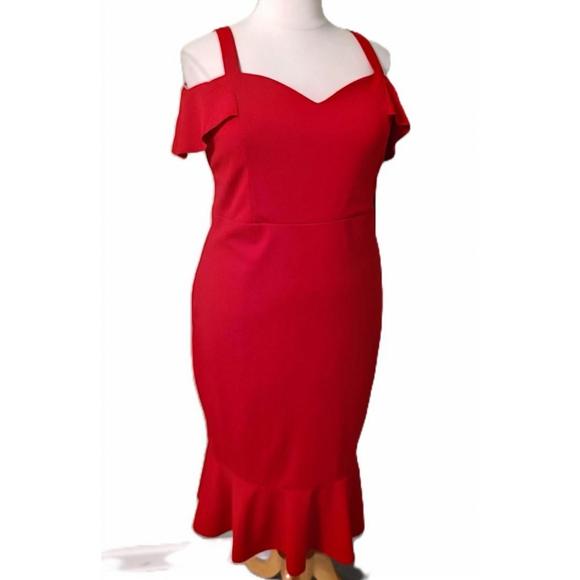 NEW EMERALD SUNDAE cold shoulder ruffle bottom cocktail party midi dress in red - Picture 1 of 2